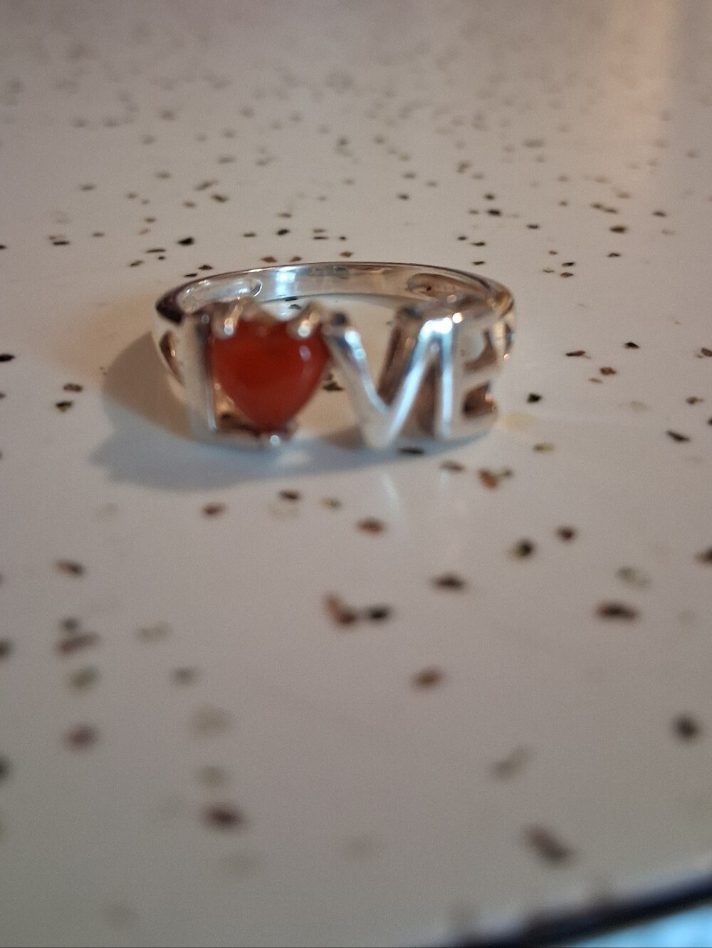 Sterling Silver LOVE Ring with Red Heart Carnelian Stone